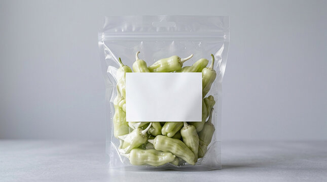 Green Chili Peppers in Transparent Plastic Pouch with Blank White Label Mockup for Food Packaging