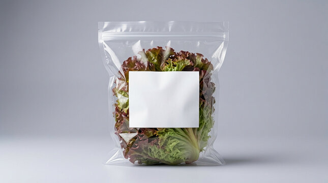 Fresh Lettuce Food Packaging Mockup in Clear Plastic Zip Bag with Blank White Label for Branding Design