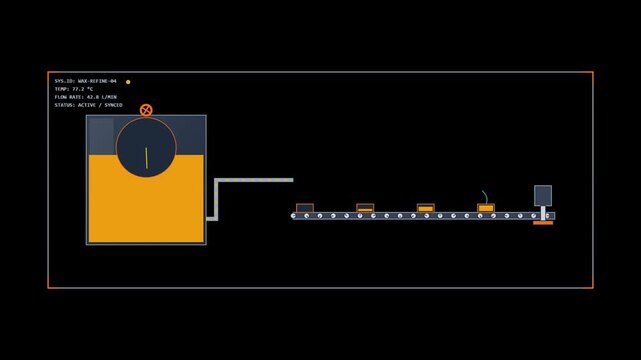 Industrial wax refinement process flat vector animation showing automated conveyor belt and data interface