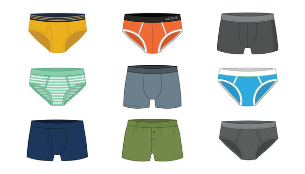 Comfortable mens underwear vector set featuring colorful boxers briefs and trunks fashion apparel elements isolated on white background