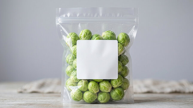 Fresh Brussels Sprouts in Clear Plastic Zip Bag with Blank White Label Mockup for Food Packaging Concept