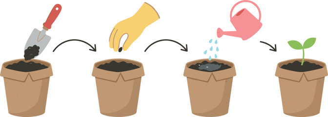 Planting Process Infographic Icon Set Showing Steps To Plant A Seed From Digging Soil Putting Seed Watering Pot To Growing Sprout Vector © MstJasmin