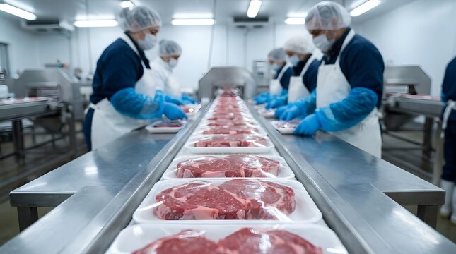 Food factory worker packaging raw meat on conveyor belt