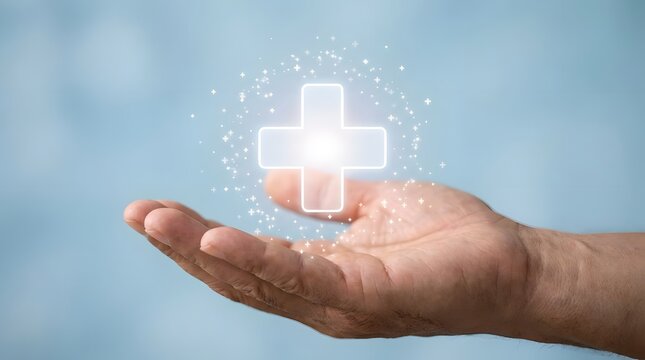 Glowing white medical cross symbol above human hand