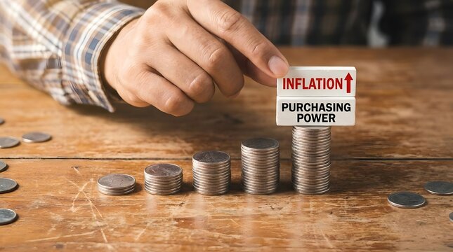 Hand placing inflation block on purchasing power stack