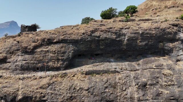 Ratangad fort rock cut caves close up aerial Maharashtra India