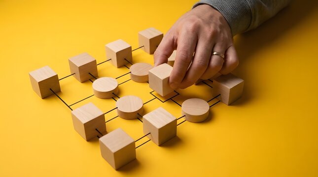 Hand placing wooden cube on yellow background