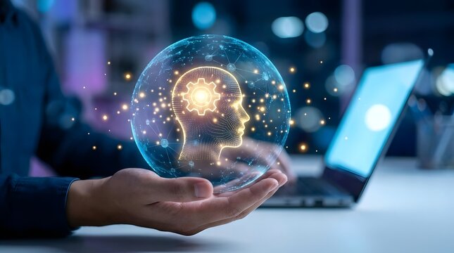 Hands holding glowing digital brain technology sphere