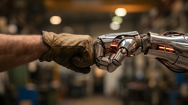 Human hand and robotic hand fist bump