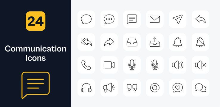 Communication line icon set with speech bubbles envelope send arrow reply forward inbox outbox notification bell phone call video camera microphone speaker headphones megaphone and at sign symbols