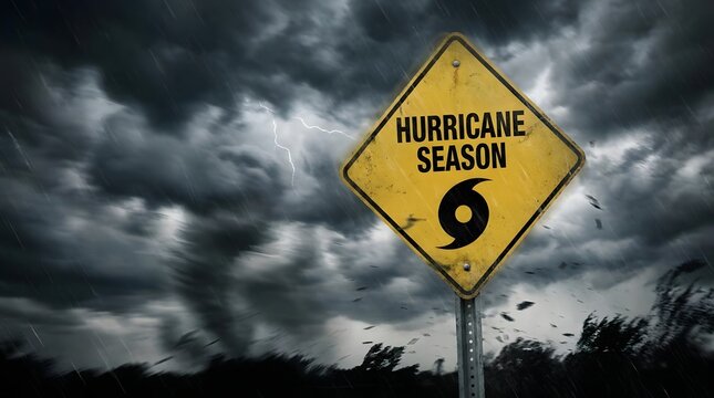 Hurricane season sign under dark stormy sky