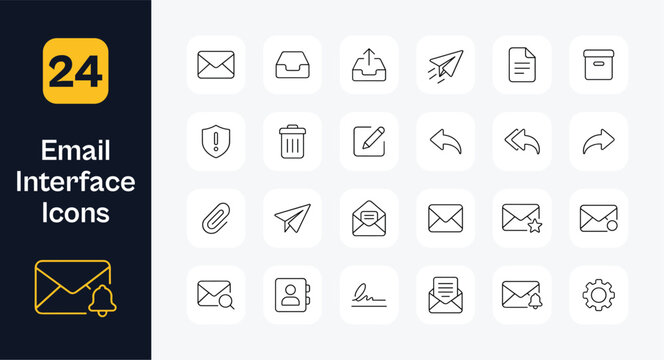 Email interface line icon set with envelope inbox outbox send paper plane attachment draft compose reply forward archive spam shield trash starred unread contacts signature and mail search symbols