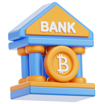 Creative illustration of a bank building block with Bitcoin symbol representing cryptocurrency finance concept transparent background