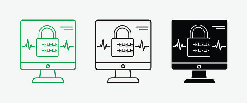 Computer security icon with padlock and heartbeat line presented in three color variations lock protection digital cybersecurity