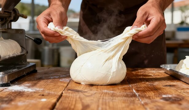 Photorealistic first-person view of a cheese maker stretching fresh mozzarella with both hands in a dairy workshop