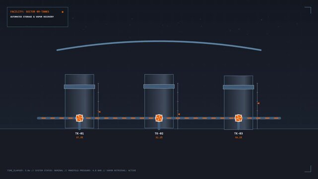Digital dashboard interface monitoring real-time data for industrial storage tanks and automated vapor recovery systems in a facility.