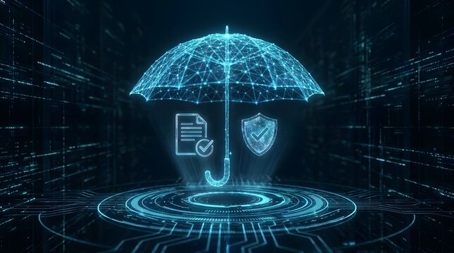 Digital umbrella and security icons in blue technology background