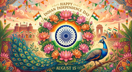 Naklejka premium Indian Independence Day Celebration Peacock Lotus Flower Indian Flag August 15