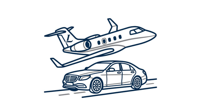 Private jet airplane flying over a luxury sedan car