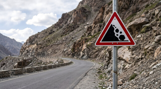 Red border falling rocks warning sign on mountain road with unstable terrain hazard symbol