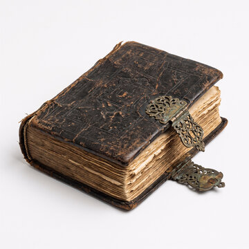 Antique leather book with metal clasp. Vintage diary with lock on white background.