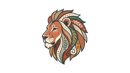 Regal lion head illustration with patterned mane and crown. © godong
