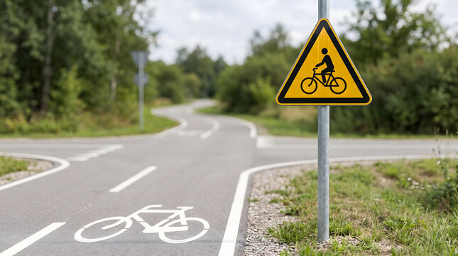Yellow bicycle crossing warning sign indicating cyclist routes and road safety awareness