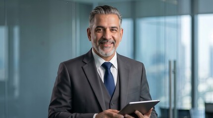 Fototapeta premium Professional businessman in a threepiece suit holding a tablet