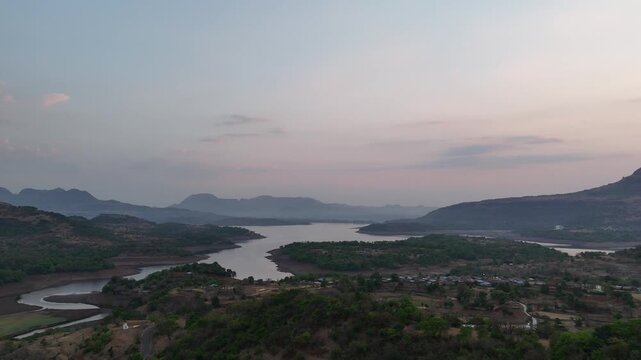 Bhandardara backwaters and Sahyadri ridge at dawn Maharashtra India