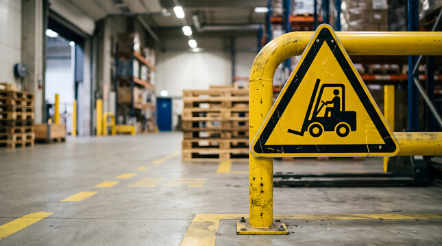 Yellow forklift warning sign in industrial warehouse safety zone with hazard symbol