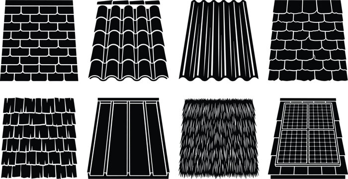 Set of roof material silhouette illustrations featuring shingles, tiles, metal sheets, thatch, and solar panels