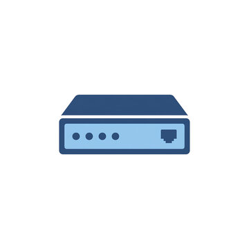 Minimalist icon of a network router or modem with indicator lights and an Ethernet port, depicted in blue and light blue on a white background.