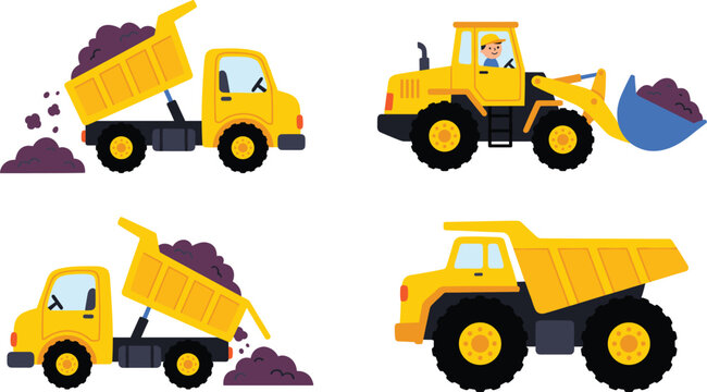 Yellow construction trucks set with dump truck and front loader vector illustration isolated on white background