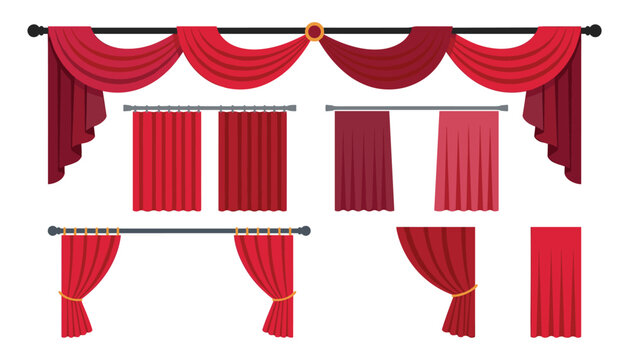 Set of red luxury stage curtains and velvet theater drapes with valance isolated on white background vector illustration