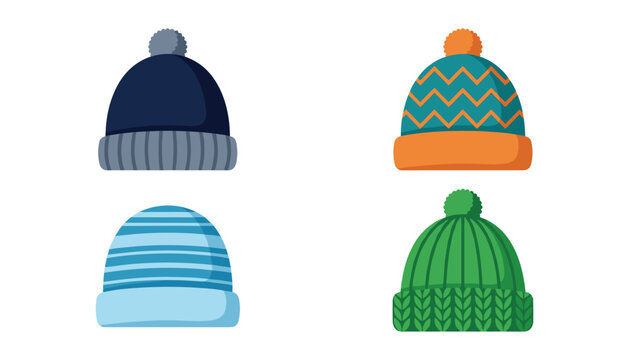 Set of winter knitted beanie hats with pompons and various colorful patterns isolated on white background vector illustration