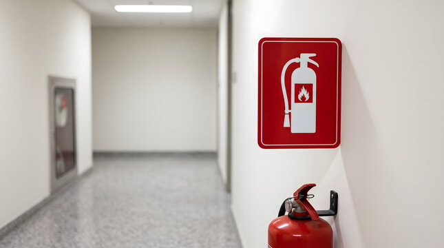 Red fire extinguisher location sign mounted on indoor safety wall area
