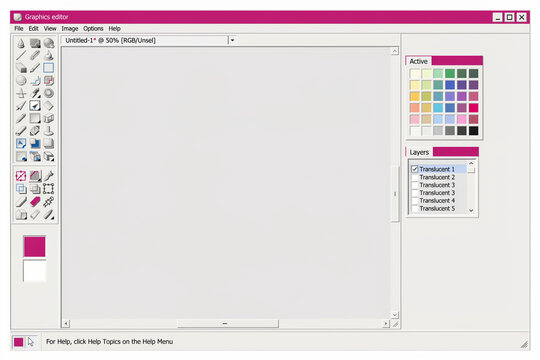 Graphics editor software interface with toolbars color palettes and layers displayed on screen