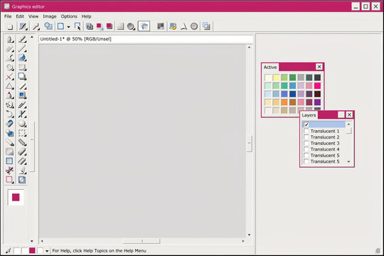 Graphics editor software interface with color palette and layers window displayed application
