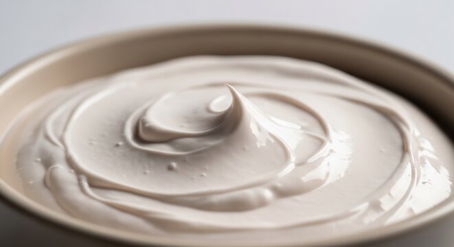 Smooth creamy texture swirl inside a rounded bowl high angle close up view