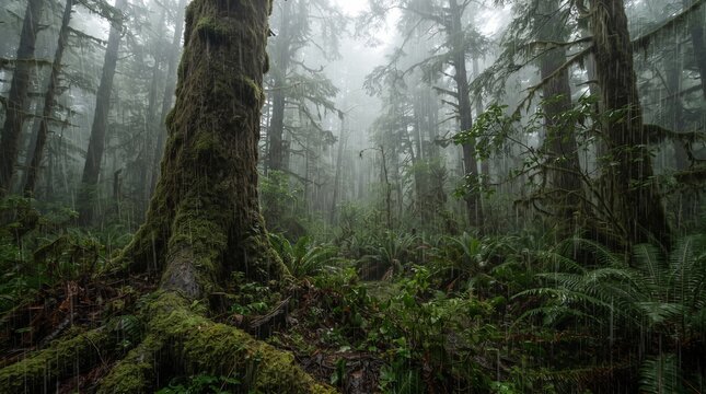 Ancient mossy trees and lush ferns in a temperate rainforest during heavy rainfall with foggy moody atmosphere.