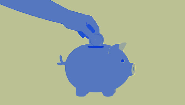 Minimalist blue graphic illustration featuring a hand depositing a coin into a piggy bank concept with silhouette hand inserting displays stylized blue