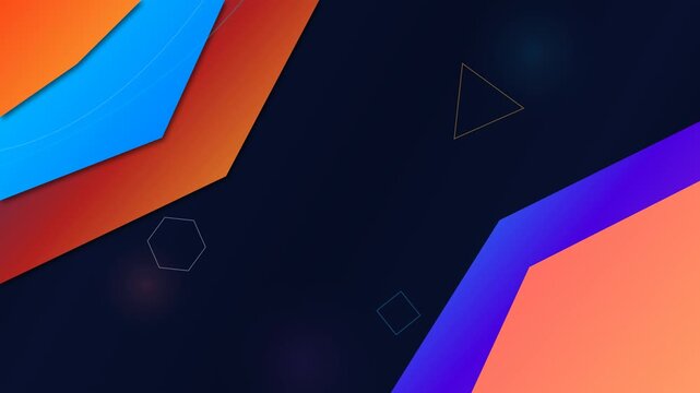 Modern abstract geometric animation loop with colorful sharp polygons and floating thin line shapes on dark blue background