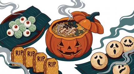 Fototapeta premium Halloween Indonesian Food Illustration with Open Lid Jack-o-Lantern Soto Ayam Noodle Soup, Green Eyeball Coconut Klepon on Dark Banana Leaf Tray, Ghost Face Onde-onde Sesame Balls