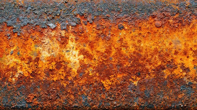 Close-up flat lay of rusted iron metal texture, vivid orange-red iron oxide rust with complex layered oxidation patterns, studio flat lighting, ultra high resolution metal background 