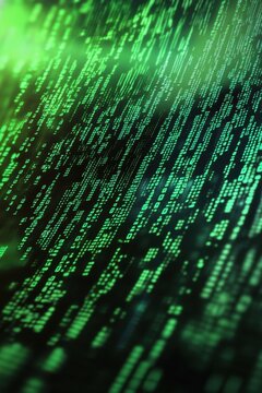 Green cascading digital code on a dark background technology