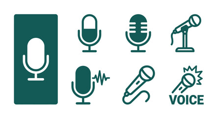 Minimalist dark teal microphone icon set featuring studio condenser mics, handheld models, sound waves, and voice text. Professional flat vector audio symbols for podcasting and apps. © Nemo Katana