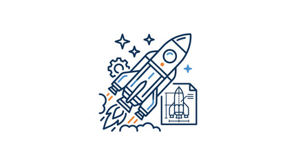 Space rocket launch icon with blueprint and engineering gears. © jubet