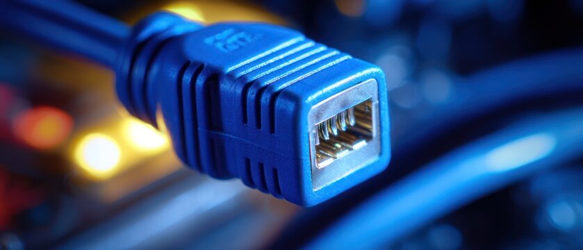 Close up of a blue ethernet cable and connector