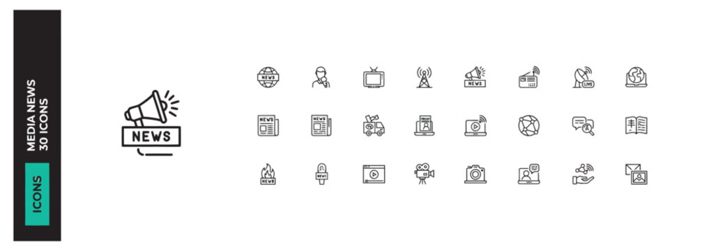 Professional set of thirty linear media news icons for digital journalism and broadcasting apps