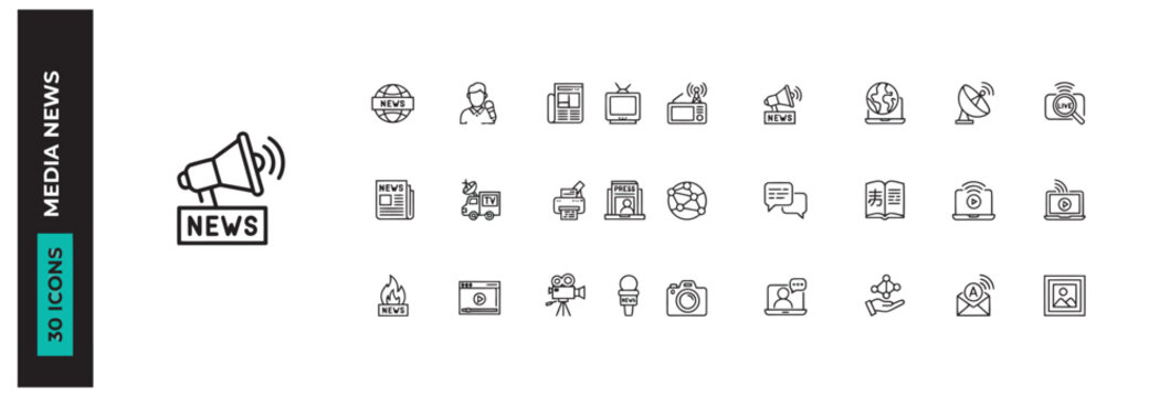 Modern vector icon set featuring thirty essential symbols for news media and digital reporting